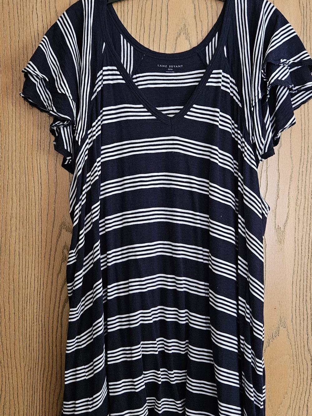 Lane Bryant Navy and White Striped V-Neck Flutter Sleeve Tunic